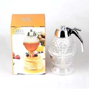 No Drip Glass Honey Dispenser - Beautiful Honeycomb Shaped Pot and Maple Syrup Dispenser - Great Bee Decor and Stand - Honey Jar