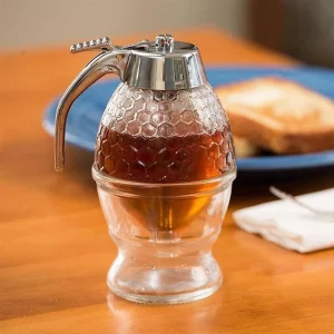 No Drip Glass Honey Dispenser - Beautiful Honeycomb Shaped Pot and Maple Syrup Dispenser - Great Bee Decor and Stand - Honey Jar