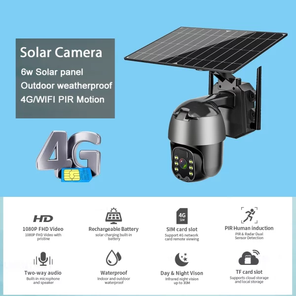 3G/4G LTE Outdoor Solar Powered Cellular Security Camera Wireless | Pan Tilt 360°View Spotlight | 1080P Night Vision 2 Way Talk, PIR Motion Sensor | 4MP WIFI Security Camera 6W Solar CCTV Video Surveillance Camera | 4G Sim Card Slot Audio PTZ Wireless IP Camera Outdoor